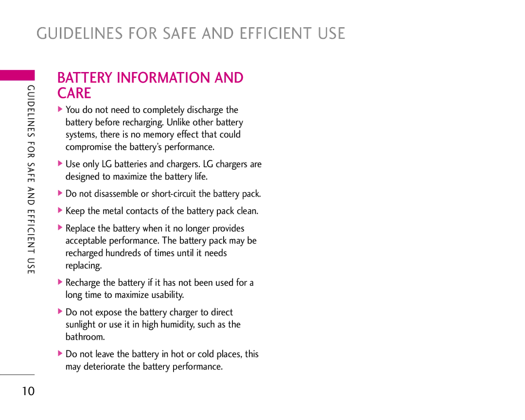 LG Electronics S5200 manual Battery Information and Care 