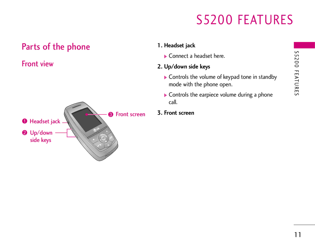 LG Electronics S5200 manual Parts of the phone, Front view 