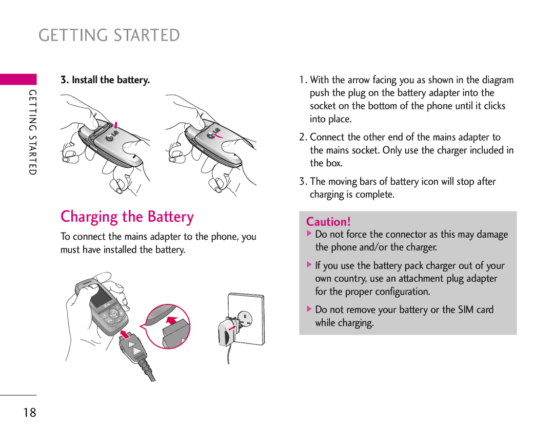 LG Electronics S5200 manual Getting Started, Charging the Battery, Install the battery 