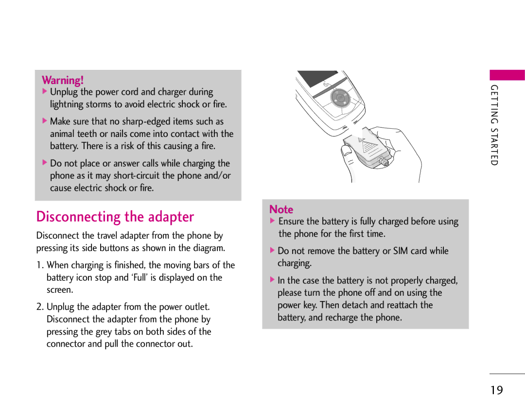 LG Electronics S5200 manual Disconnecting the adapter 