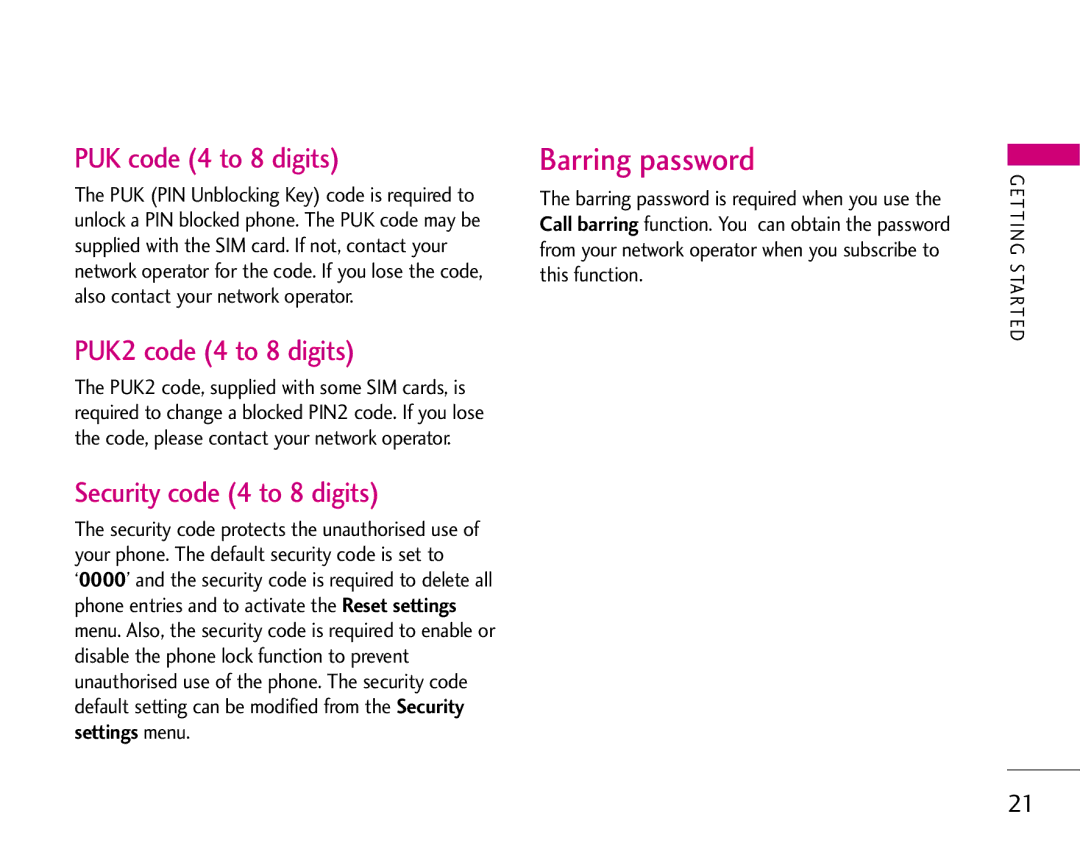 LG Electronics S5200 manual Barring password, PUK code 4 to 8 digits, PUK2 code 4 to 8 digits, Security code 4 to 8 digits 