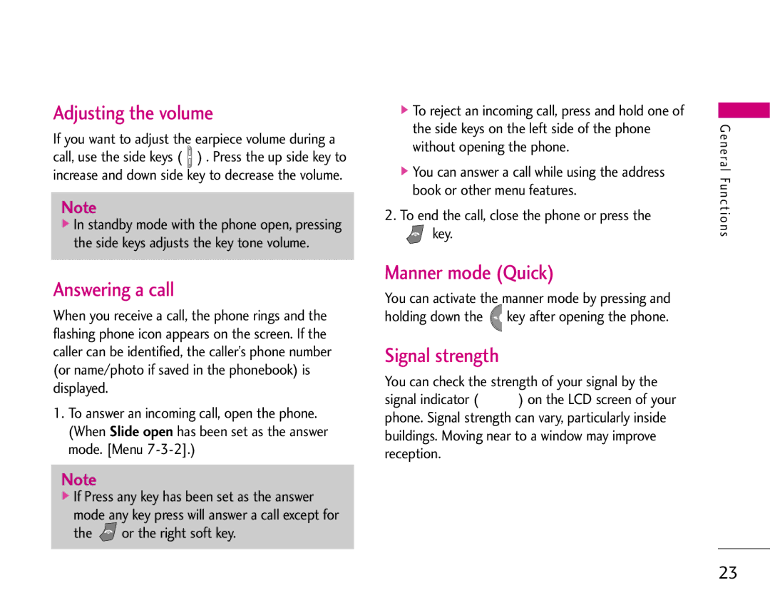 LG Electronics S5200 manual Adjusting the volume, Answering a call, Manner mode Quick, Signal strength 