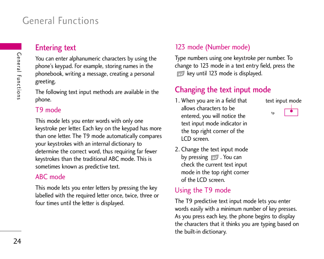 LG Electronics S5200 manual Entering text, Changing the text input mode 