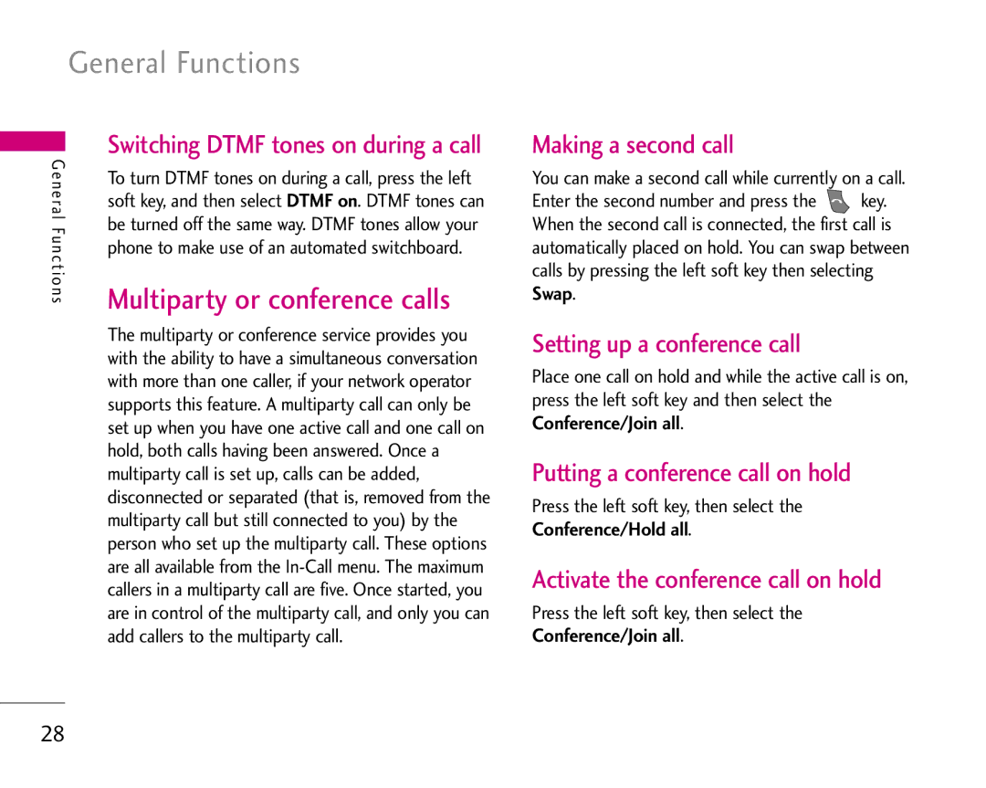 LG Electronics S5200 manual Multiparty or conference calls, Setting up a conference call, Putting a conference call on hold 