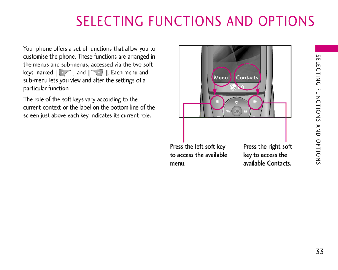 LG Electronics S5200 manual Selecting Functions and Options, To access the available 