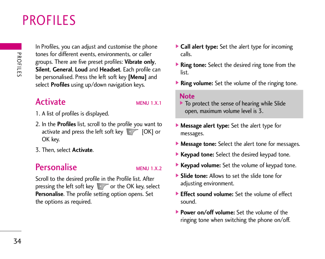 LG Electronics S5200 manual Profiles, Activate, Personalise, Message alert type Set the alert type for messages 