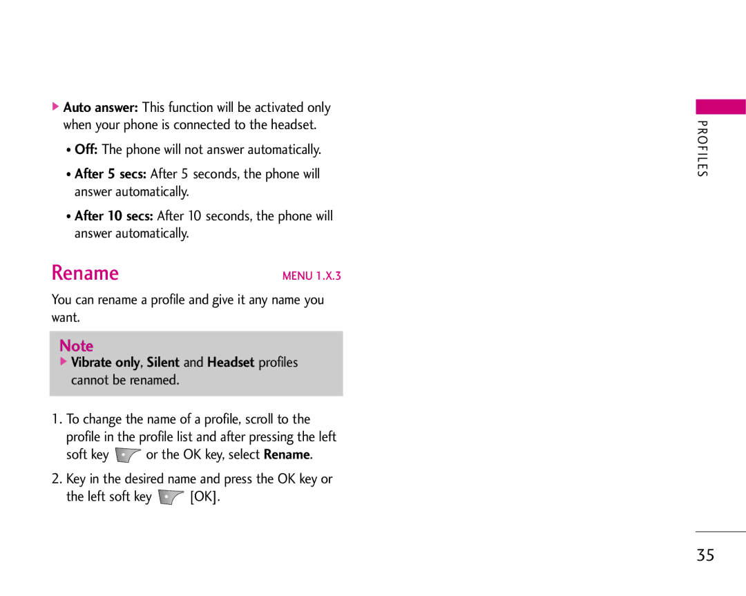 LG Electronics S5200 manual Rename, You can rename a profile and give it any name you want 