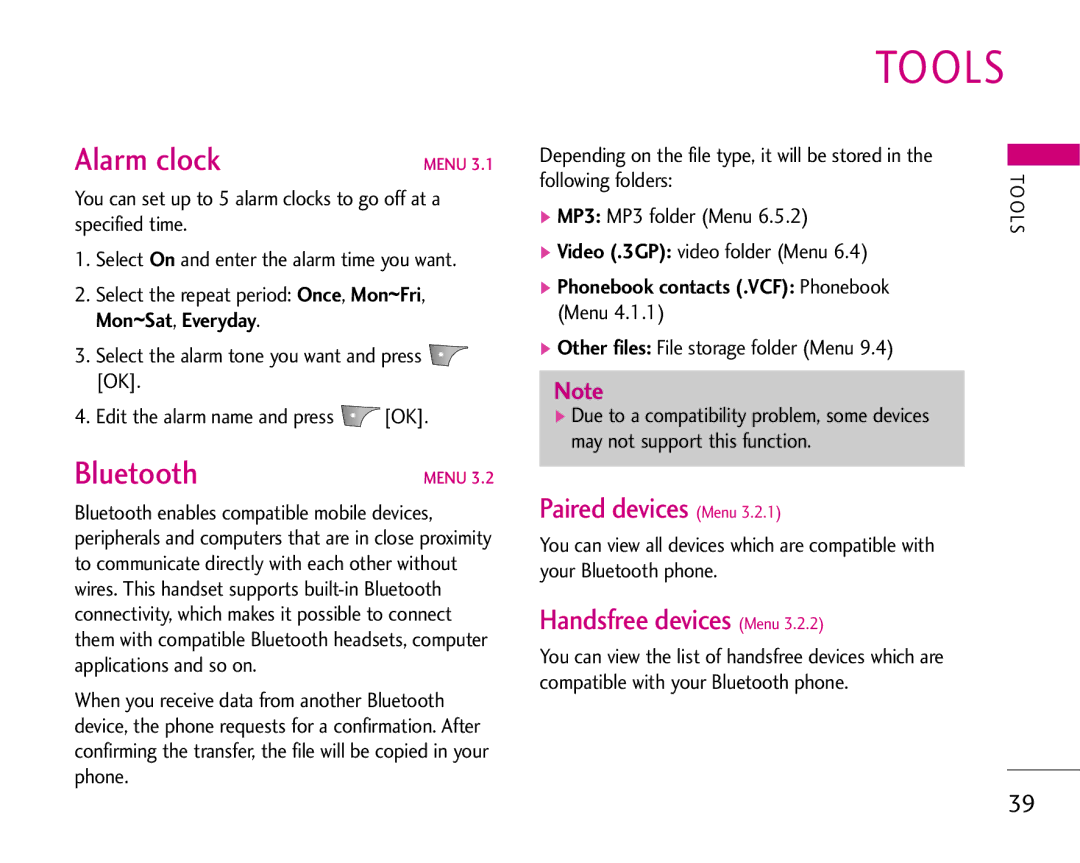 LG Electronics S5200 manual Alarm clock, Bluetooth, Paired devices Menu, Handsfree devices Menu 