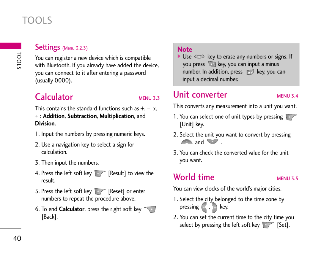 LG Electronics S5200 Tools, Calculator, Unit converter, World time, ÷ Addition, Subtraction, Multiplication, and Division 