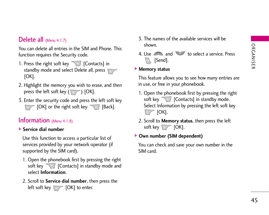 LG Electronics S5200 manual Information Menu, Service dial number, Memory status, Own number SIM dependent 