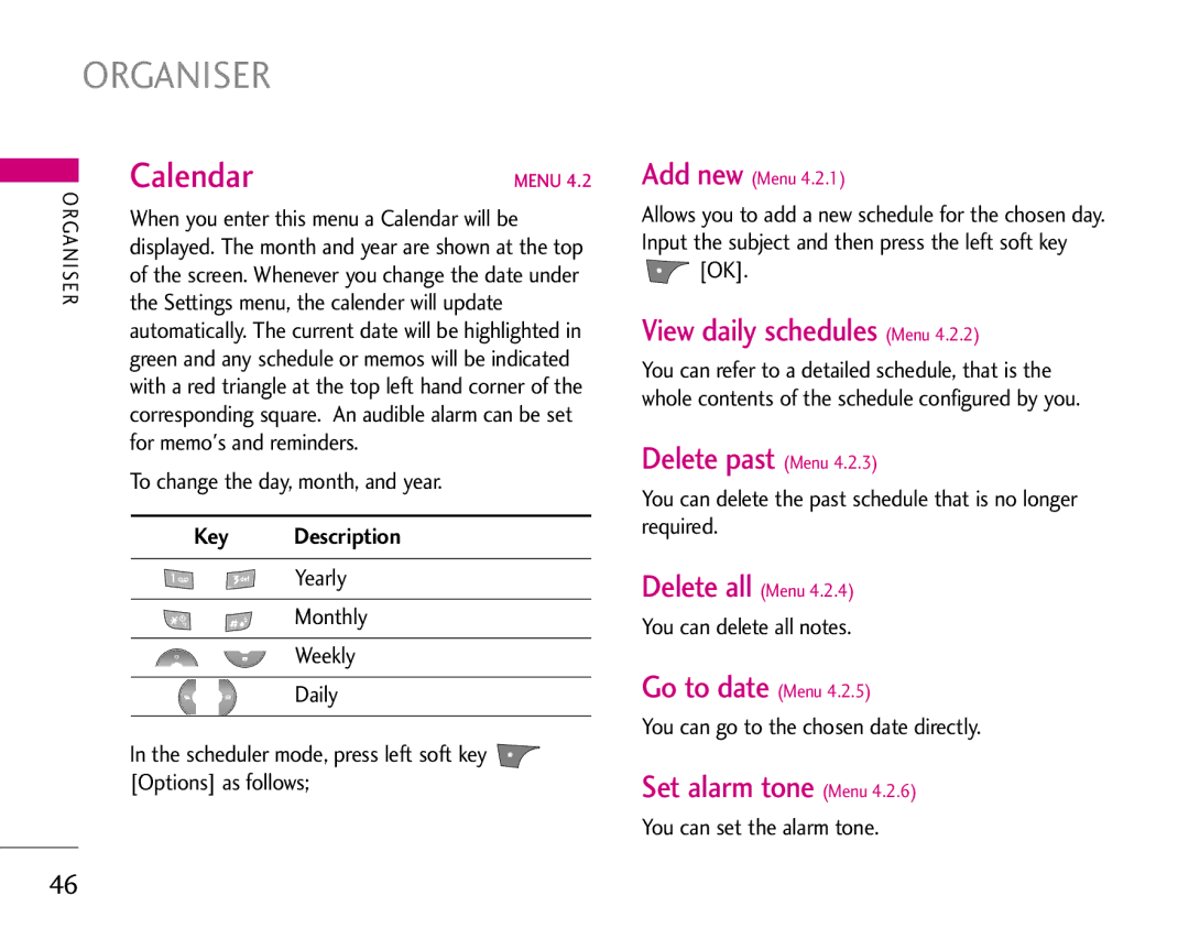 LG Electronics S5200 manual Calendar, View daily schedules Menu, Delete past Menu, Set alarm tone Menu, Key Description 