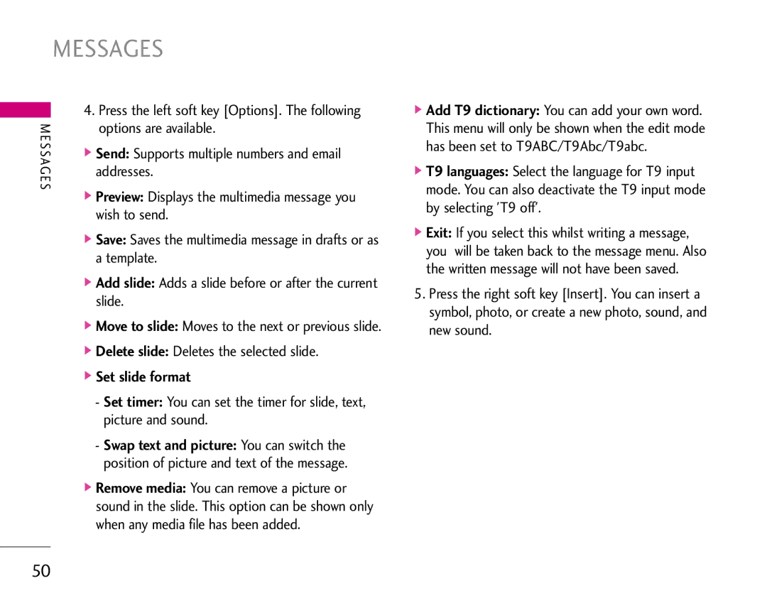 LG Electronics S5200 manual Messages, Set slide format 