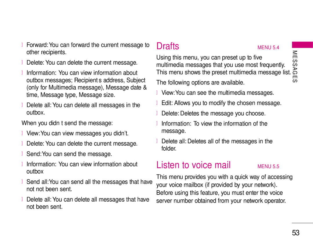 LG Electronics S5200 manual Drafts, Listen to voice mail, Delete all You can delete all messages in the outbox 