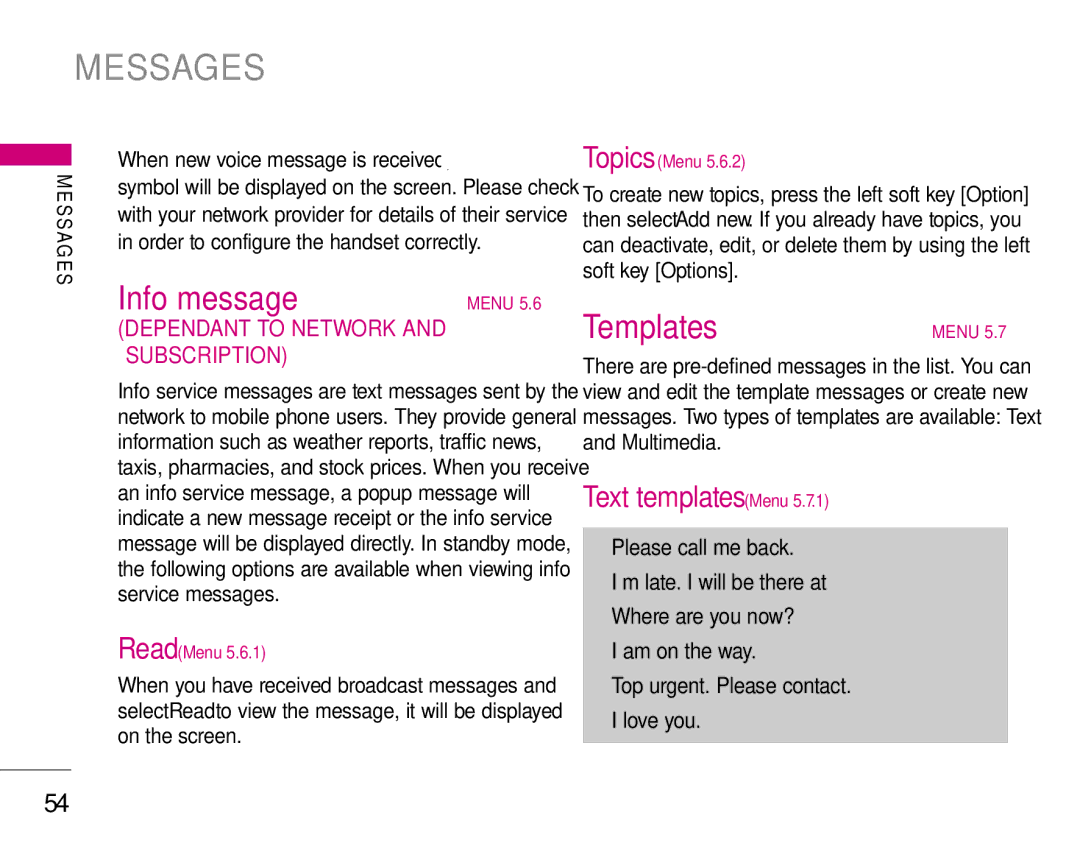 LG Electronics S5200 manual Info message, Templates, Text templates Menu 