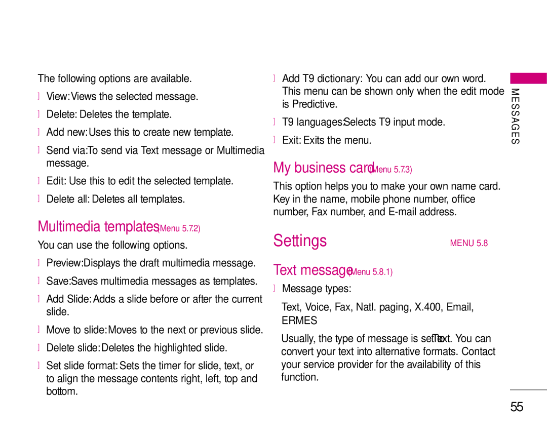 LG Electronics S5200 manual Settings, Multimedia templates Menu, My business card Menu, Text message Menu 