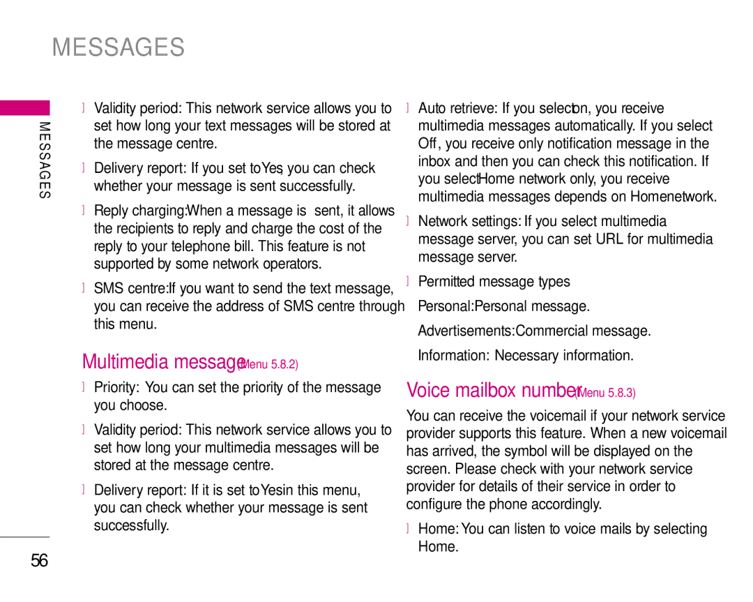 LG Electronics S5200 manual Multimedia message Menu, Voice mailbox number Menu, Message centre 