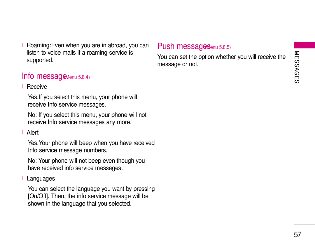 LG Electronics S5200 manual Info message Menu, Push messages Menu, Receive, Alert, Languages 