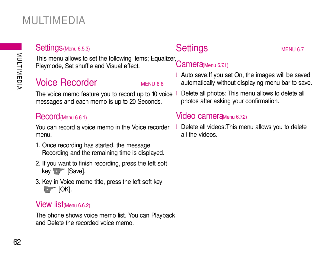 LG Electronics S5200 manual Voice Recorder, Video camera Menu, You can record a voice memo in the Voice recorder menu 