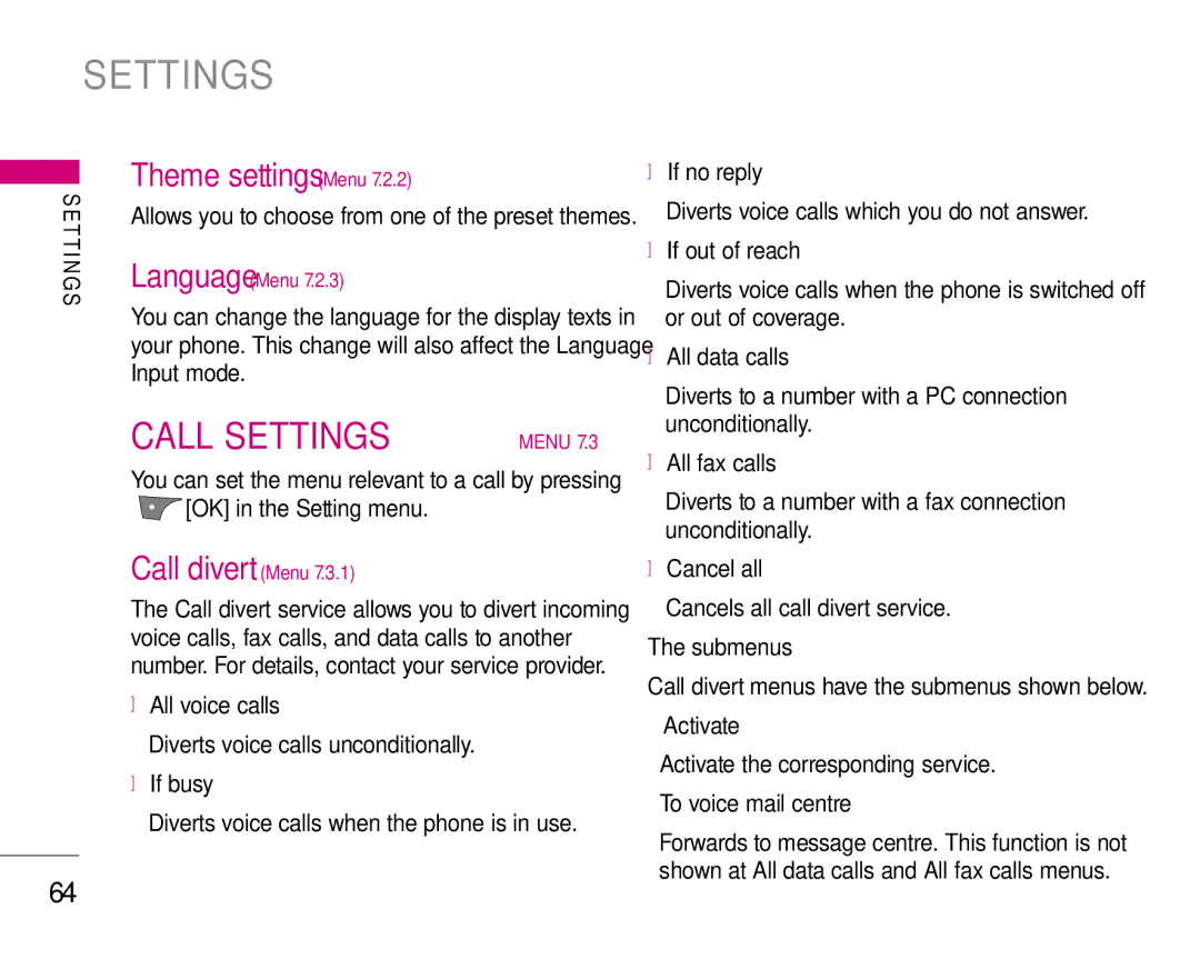 LG Electronics S5200 manual Call Settings, Theme settings Menu, Call divert Menu 