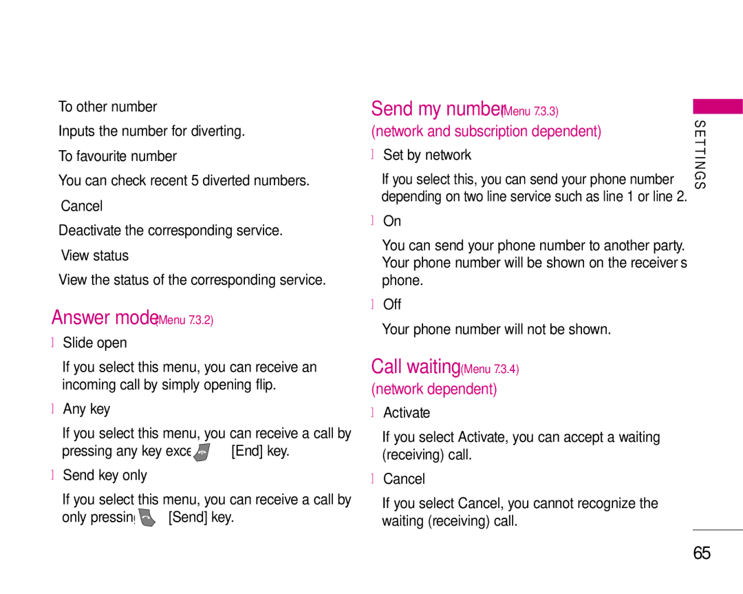 LG Electronics S5200 manual Answer mode Menu, Send my number Menu, Call waiting Menu 