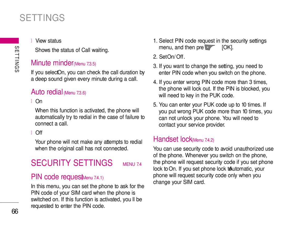 LG Electronics S5200 Security Settings, Minute minder Menu, Auto redial Menu, PIN code request Menu, Handset lock Menu 