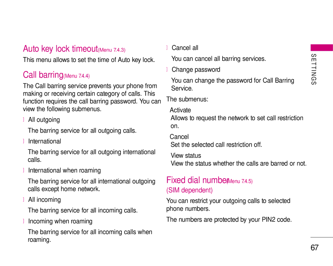 LG Electronics S5200 manual Auto key lock timeout Menu, Call barring Menu, Fixed dial number Menu 