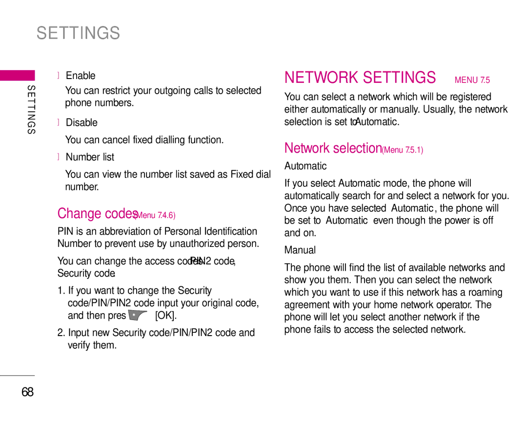 LG Electronics S5200 manual Network Settings, Change codes Menu, Network selection Menu 