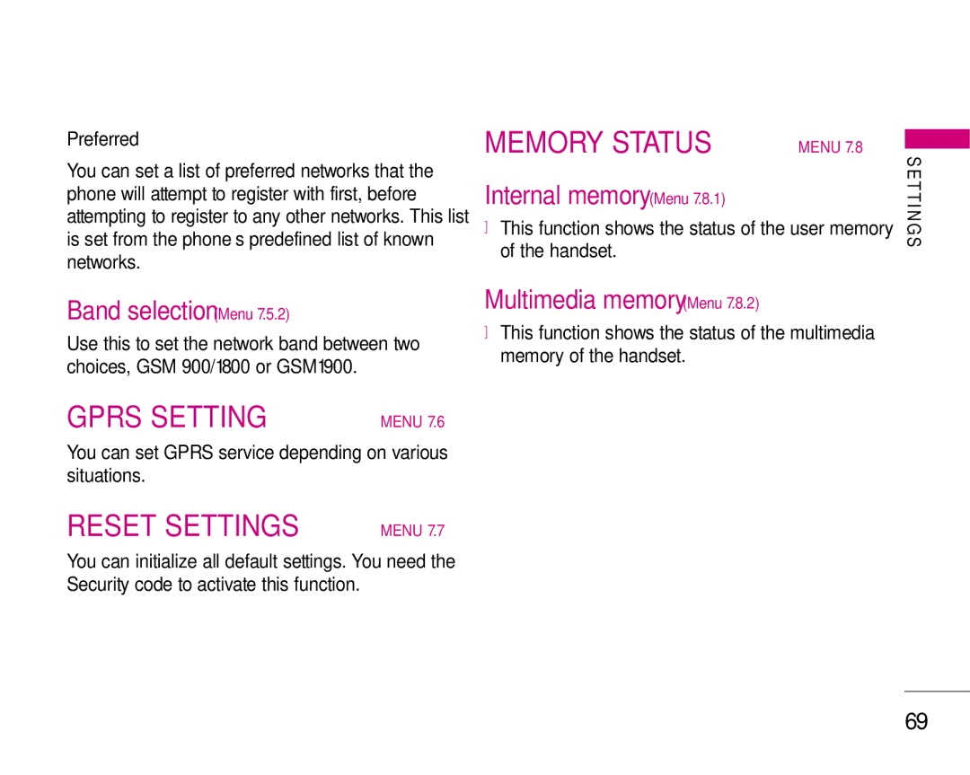 LG Electronics S5200 manual Gprs Setting, Reset Settings, Memory Status 