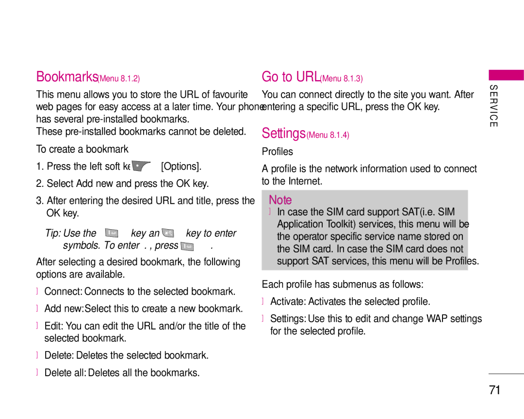LG Electronics S5200 manual These pre-installed bookmarks cannot be deleted, Profiles 