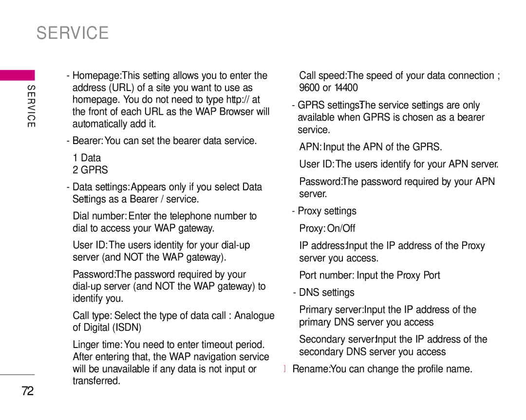 LG Electronics S5200 manual Service, Data, Proxy settings Proxy On/Off, DNS settings 
