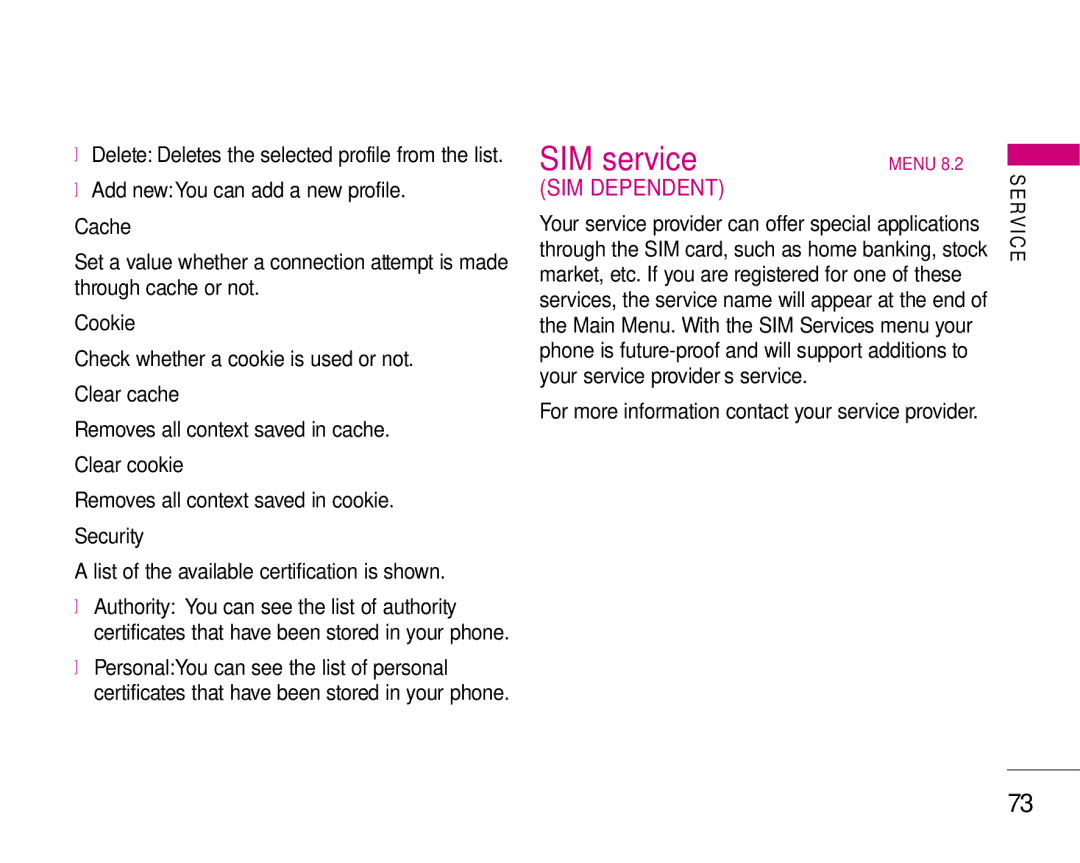 LG Electronics S5200 manual SIM service 