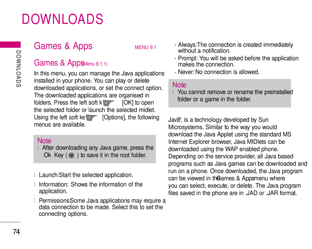 LG Electronics S5200 manual Downloads, Games & Apps, Information Shows the information of the application 