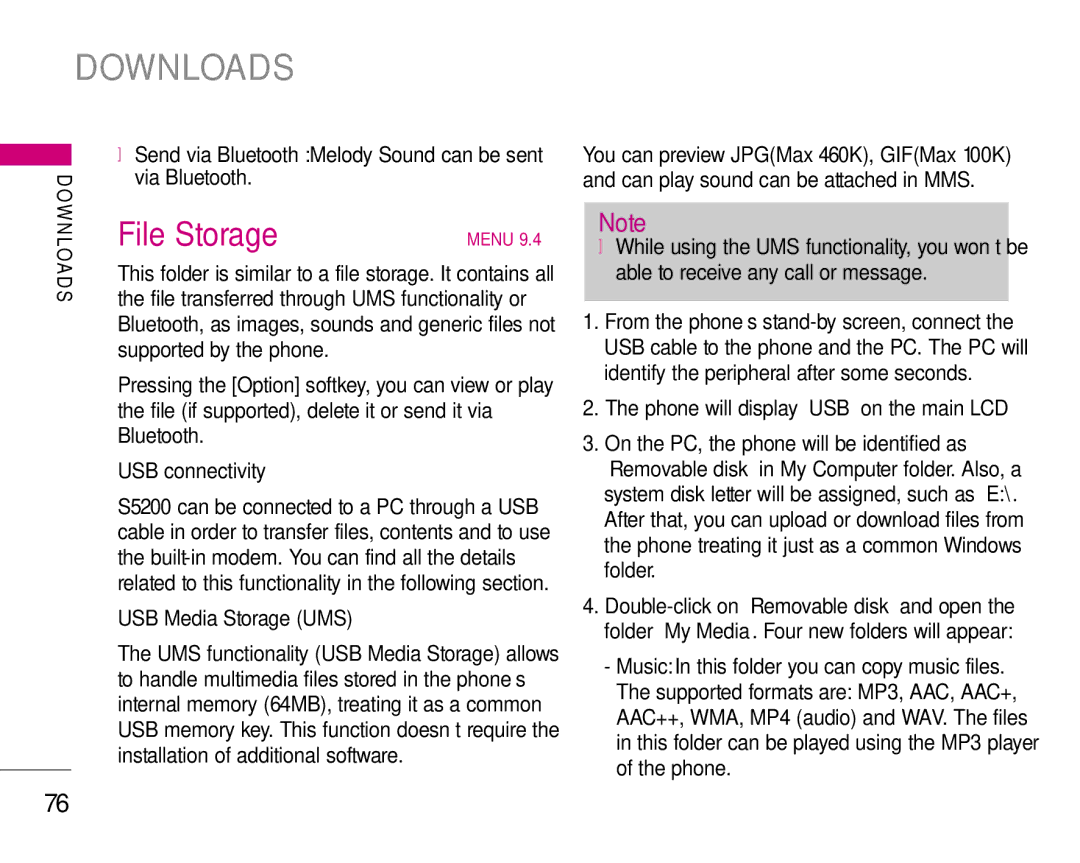 LG Electronics S5200 manual Downloads, File Storage, Via Bluetooth, USB connectivity, USB Media Storage UMS 
