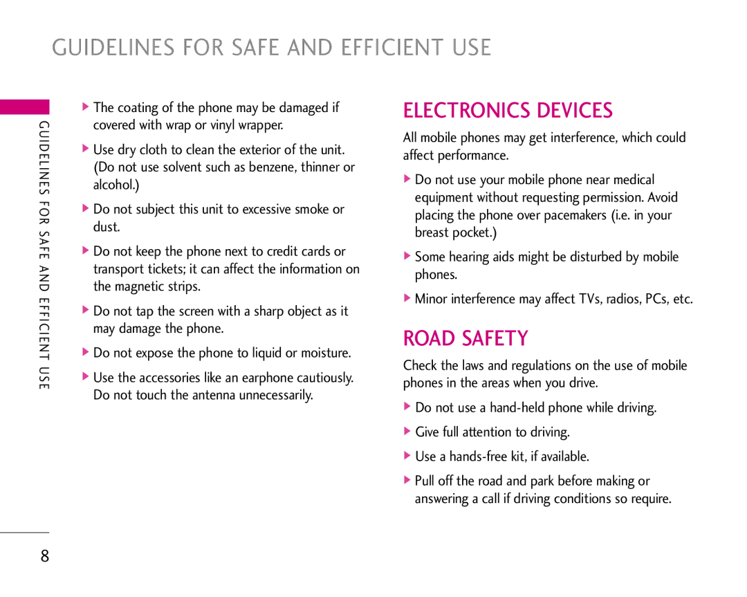 LG Electronics S5200 manual Guidelines for Safe and Efficient USE, Electronics Devices, Road Safety 