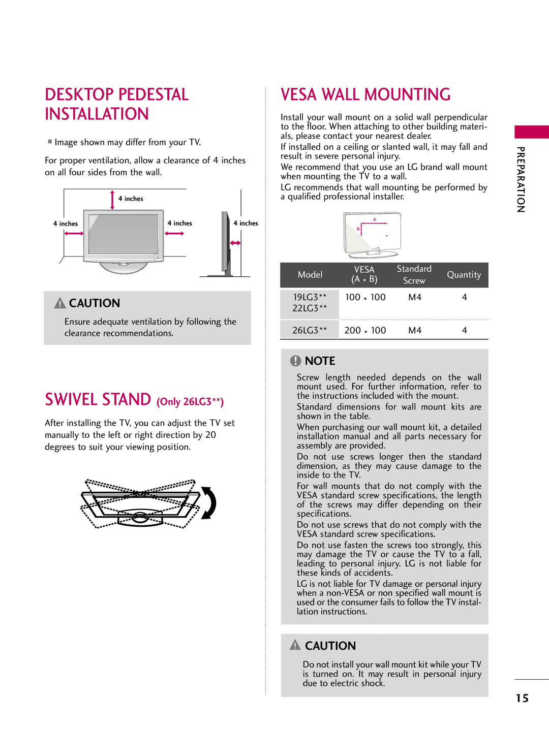 LG Electronics SAC30708022 owner manual When mounting the TV to a wall, Qualified professional installer, 100 