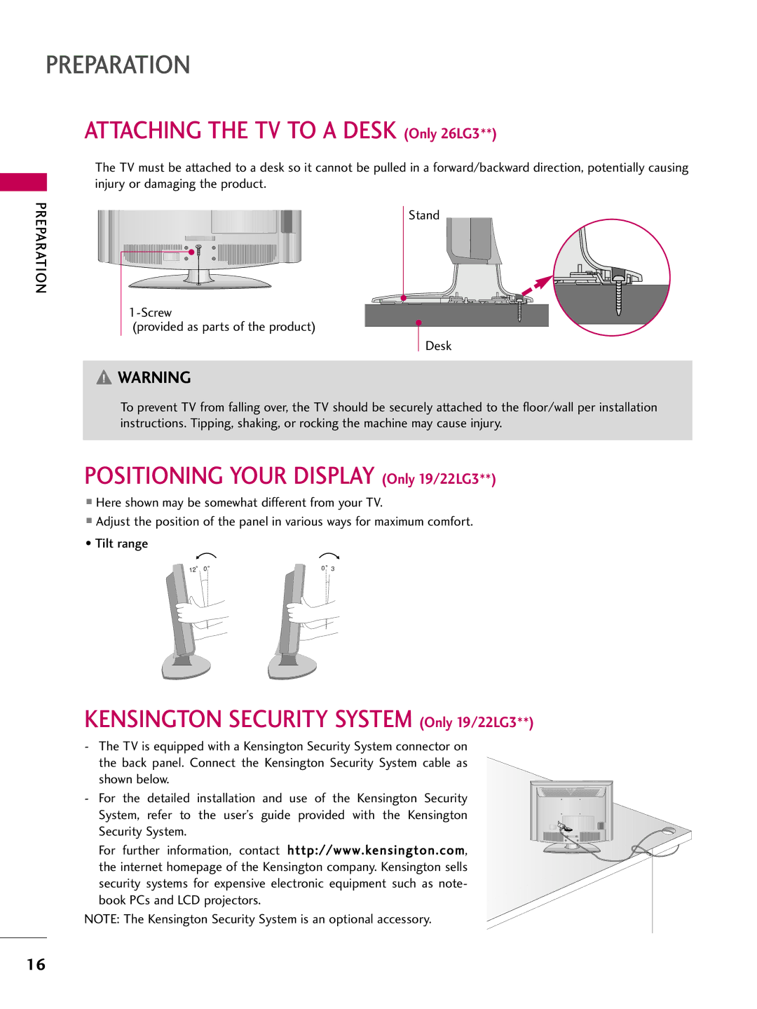 LG Electronics SAC30708022 owner manual Attaching the TV to a Desk Only 26LG3, Screw Provided as parts of the product 