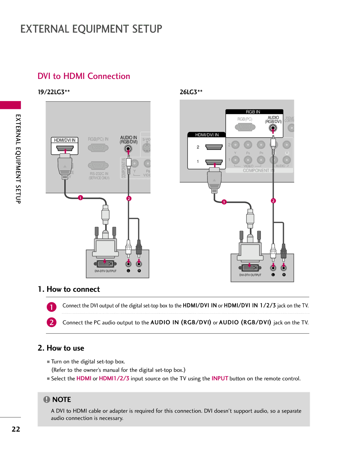 LG Electronics SAC30708022 owner manual DVI to Hdmi Connection, 26LG3 