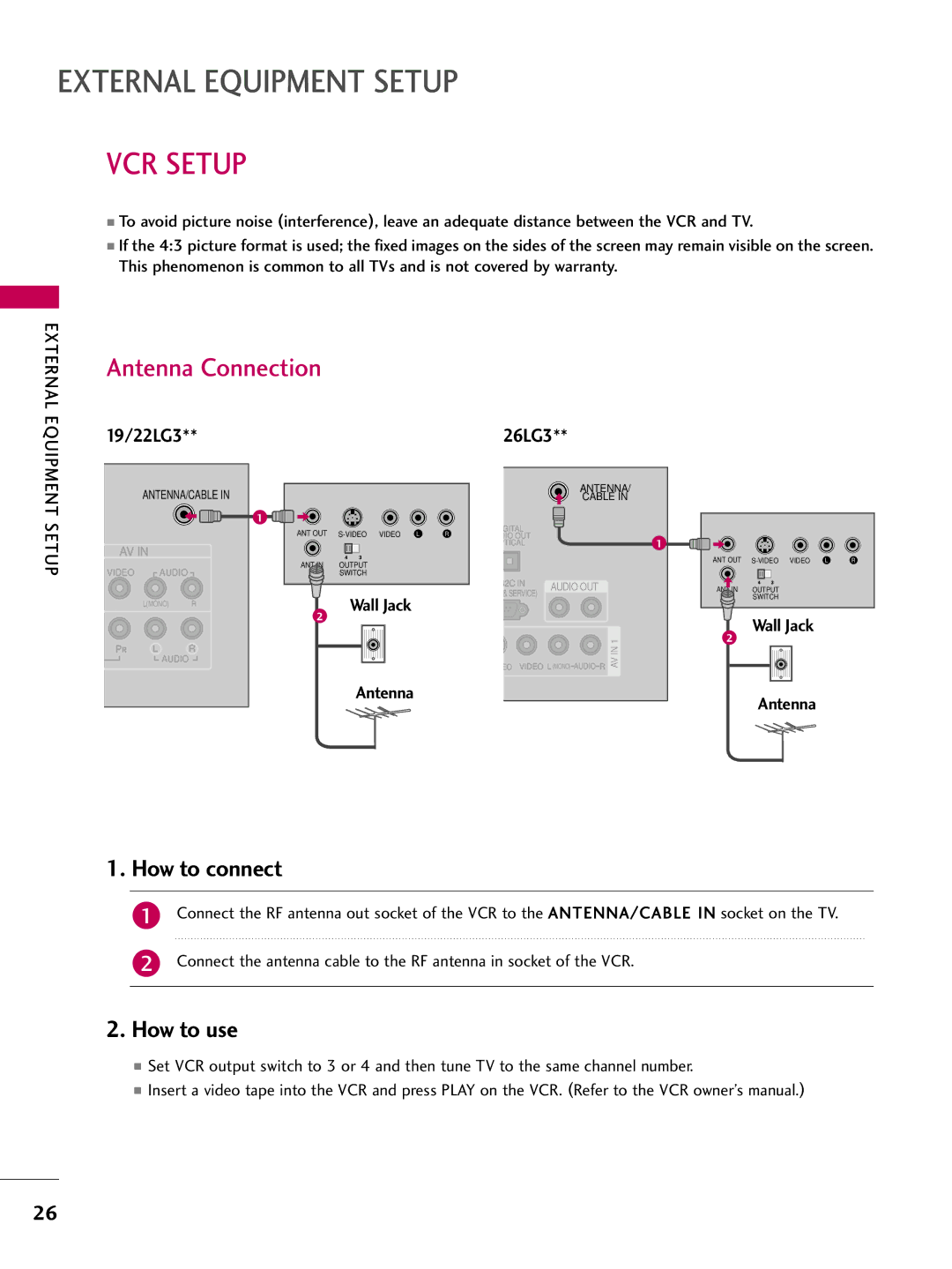 LG Electronics SAC30708022 owner manual VCR Setup, Antenna Connection 