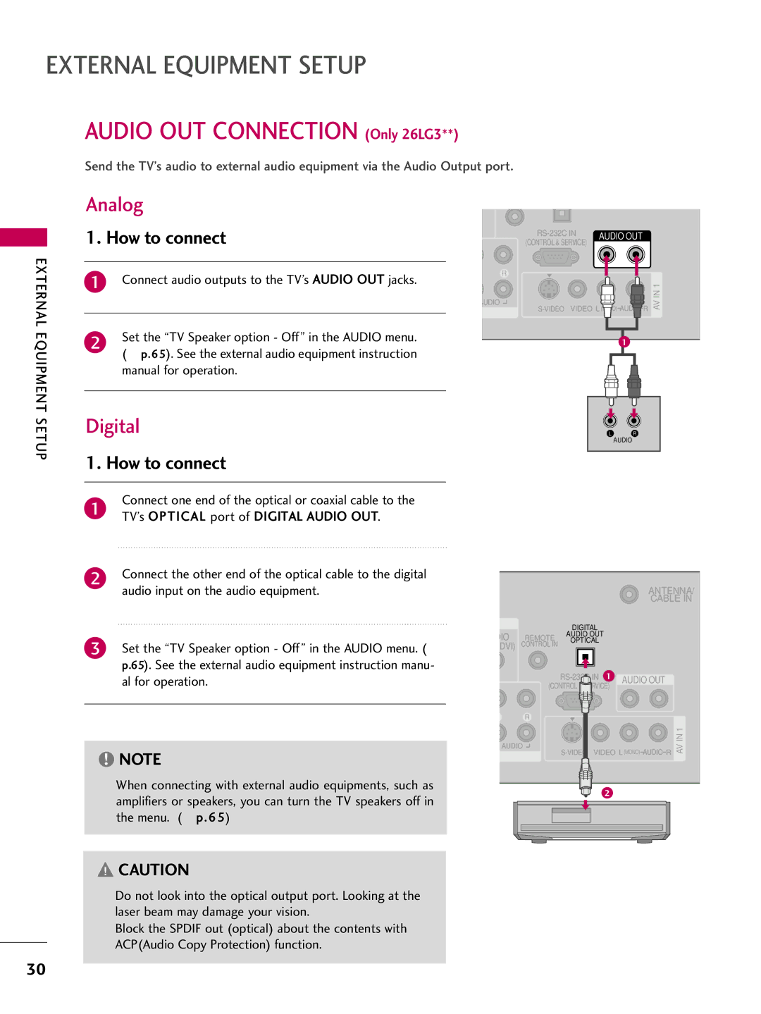 LG Electronics SAC30708022 owner manual Analog, Digital, Connect audio outputs to the TV’s Audio OUT jacks 