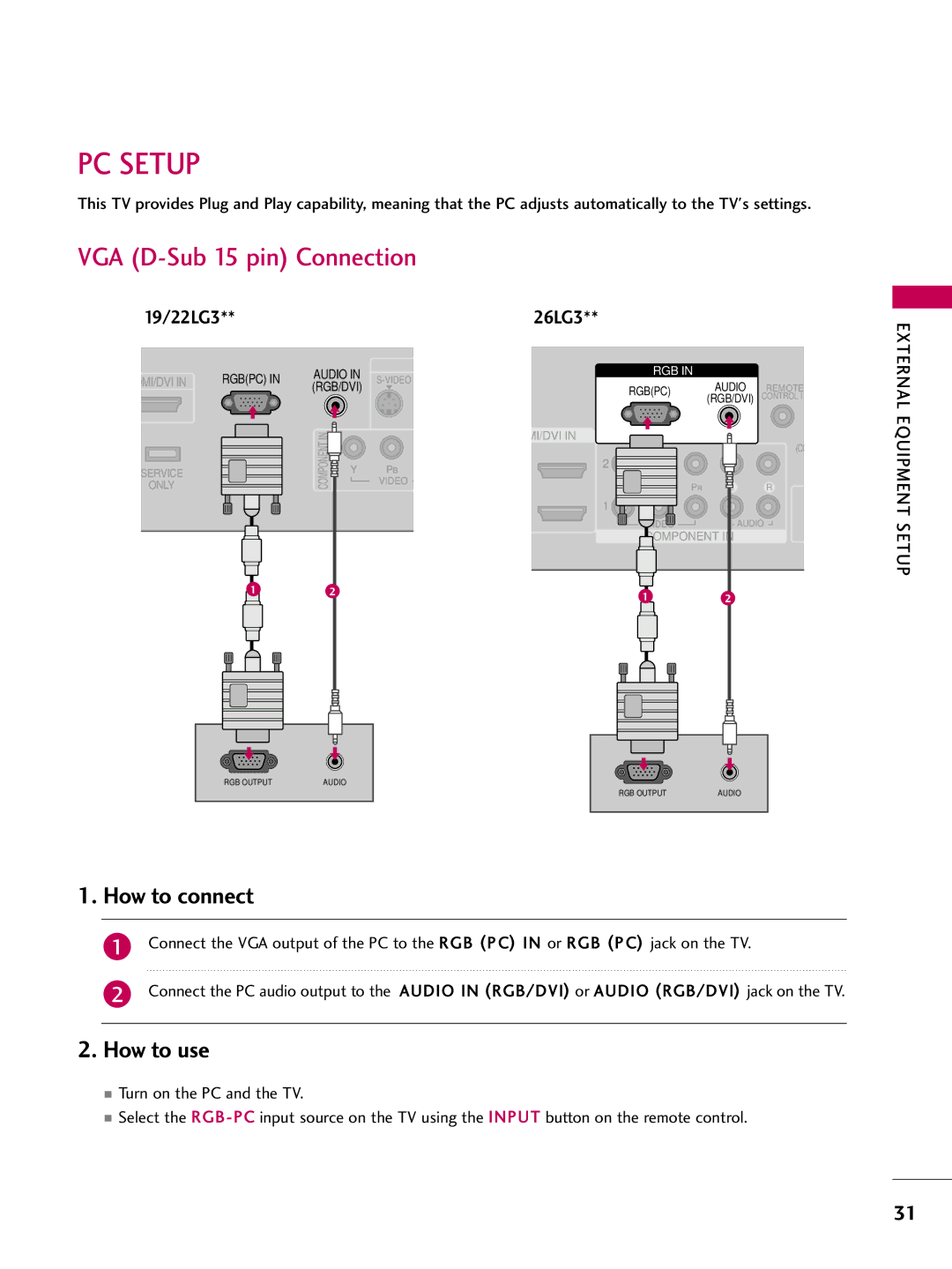 LG Electronics SAC30708022 owner manual PC Setup, VGA D-Sub 15 pin Connection 