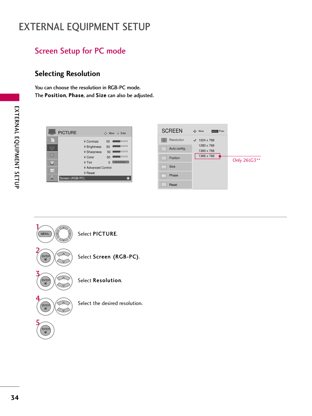 LG Electronics SAC30708022 Screen Setup for PC mode, Selecting Resolution, Select Screen RGB-PC, Select Resolution 