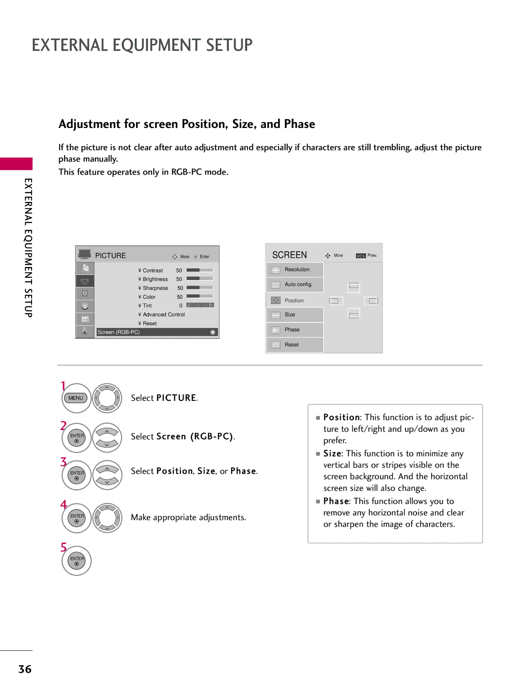 LG Electronics SAC30708022 owner manual Adjustment for screen Position, Size, and Phase 