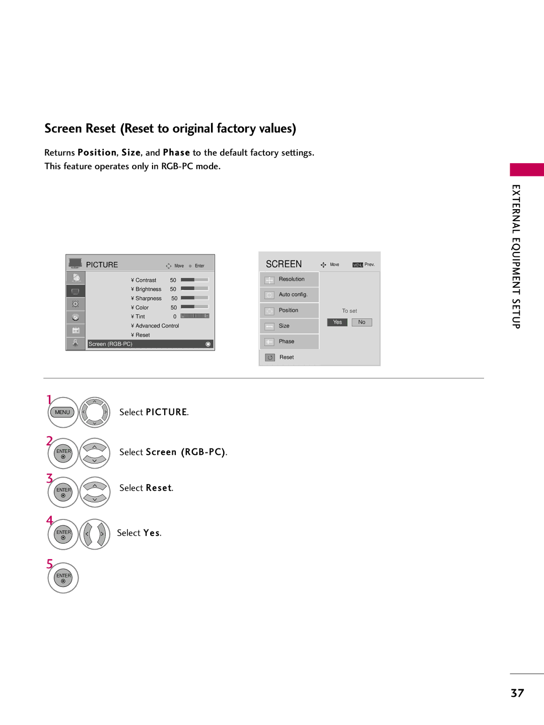 LG Electronics SAC30708022 owner manual Screen Reset Reset to original factory values, Enter Select Reset 