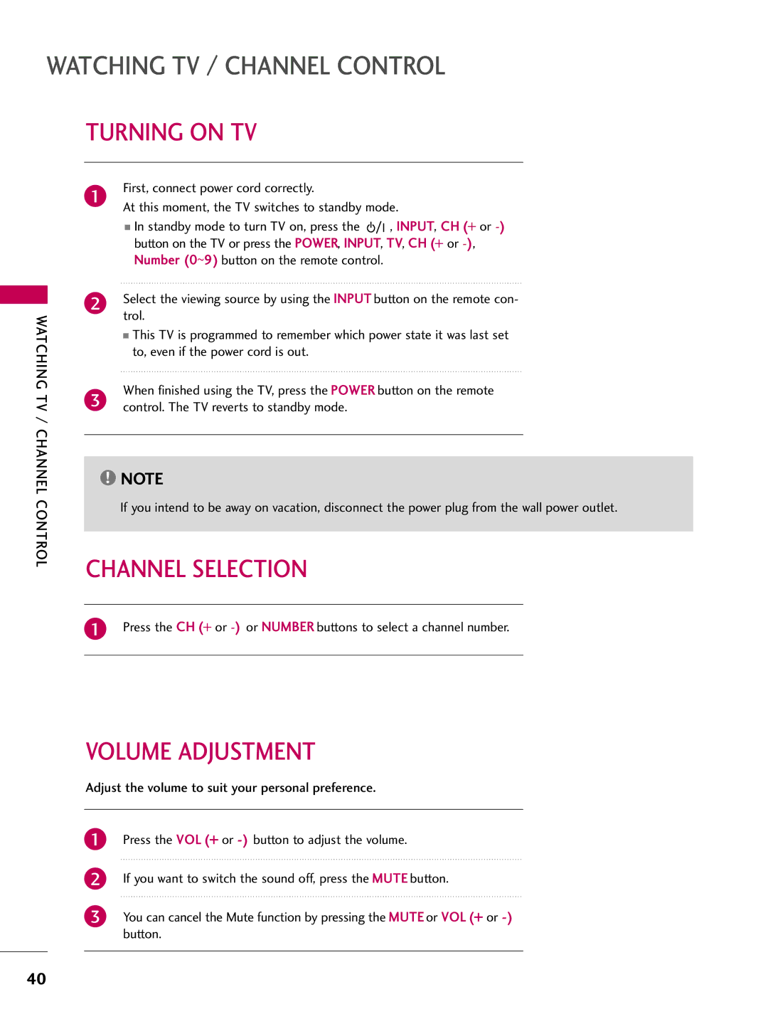 LG Electronics SAC30708022 owner manual Turning on TV, Channel Selection, Volume Adjustment 