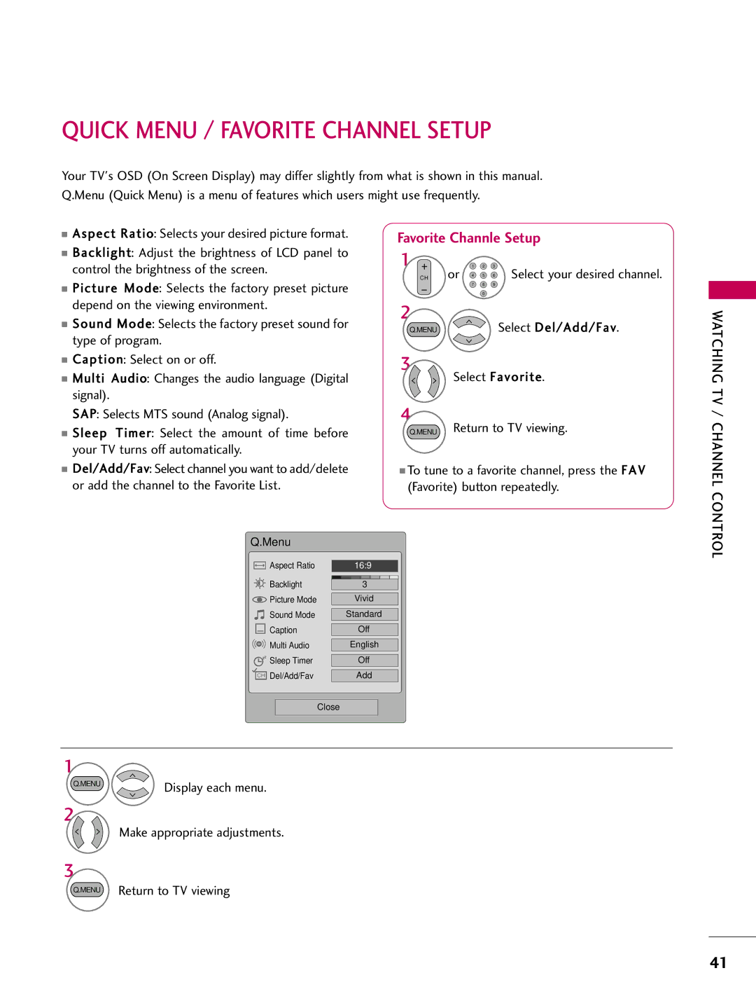 LG Electronics SAC30708022 owner manual Quick Menu / Favorite Channel Setup, Select Del/Add/Fav 