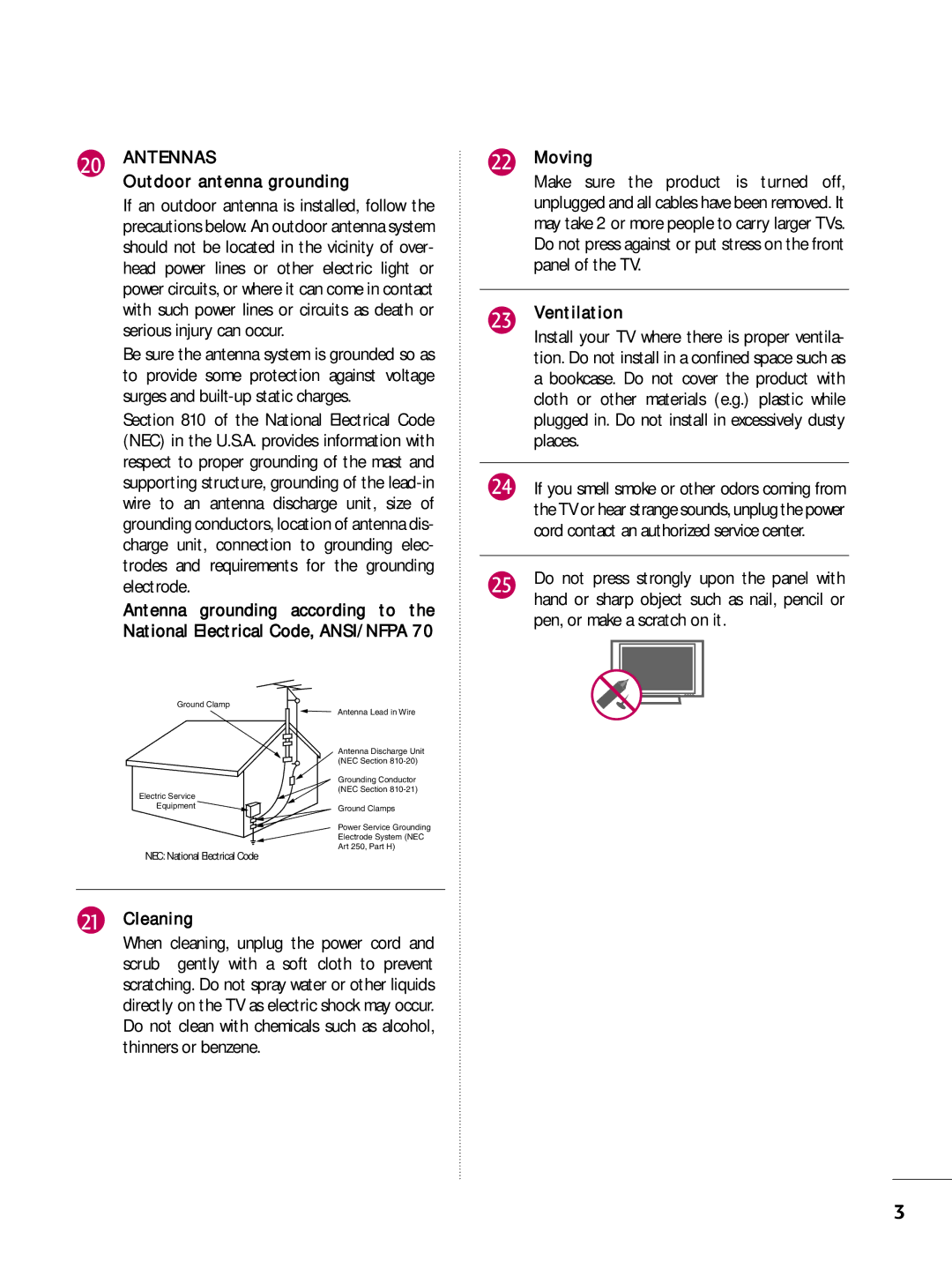 LG Electronics SAC30708022 owner manual Antennas, Outdoor antenna grounding, Cleaning 