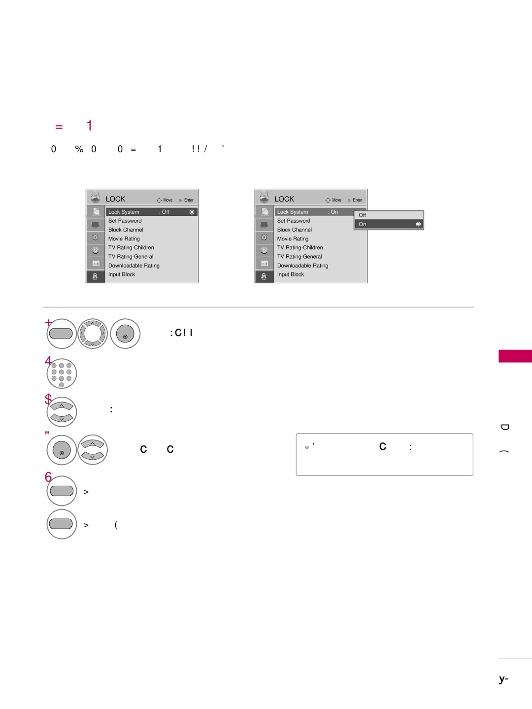 LG Electronics SAC30708022 Select Lock Input the password Select Lock System, Is enable, Parental Control / Rating 