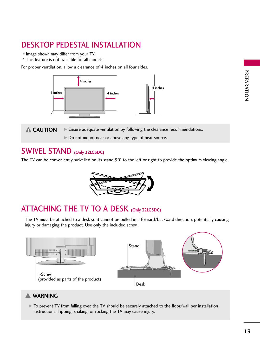 LG Electronics 223DCH, SAC30708026 Desktop Pedestal Installation, Do not mount near or above any type of heat source 