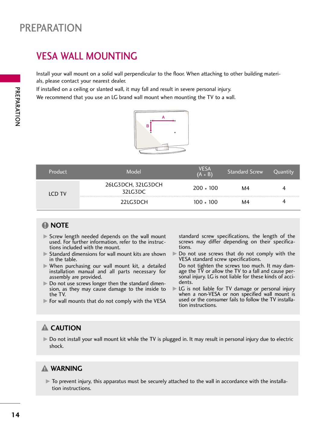 LG Electronics SAC30708026, 223DCH owner manual Vesa Wall Mounting, Product Model, Standard Screw Quantity, 200, Lcd Tv 