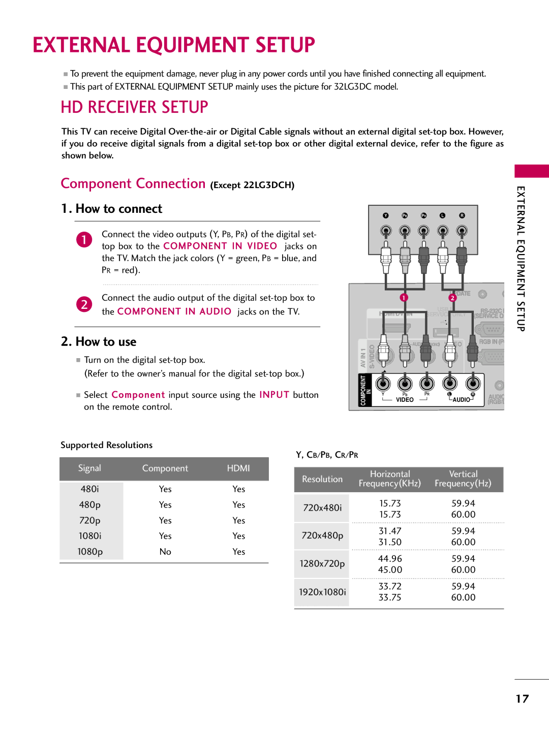 LG Electronics 223DCH External Equipment Setup, HD Receiver Setup, Component Connection Except 22LG3DCH, How to connect 